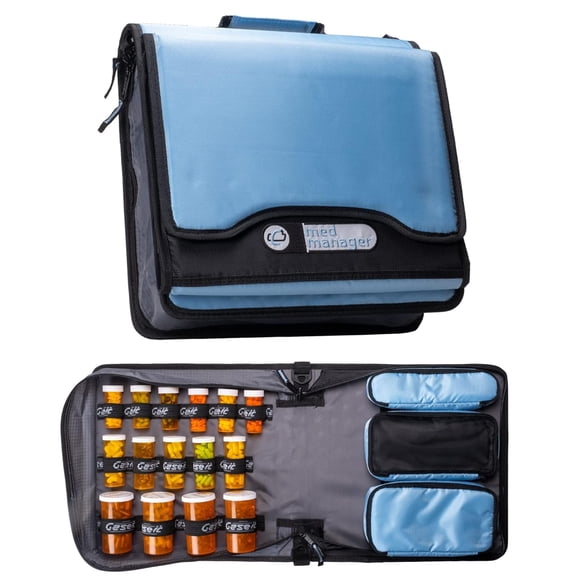 Med Manager Supply Organizer with Insulin Cooler Travel Case, Holds (15) Pill Bottles - (11) Standard Size and (4) Large Bottles, Mint, 13 inches x 13 inches x 4.5 inches