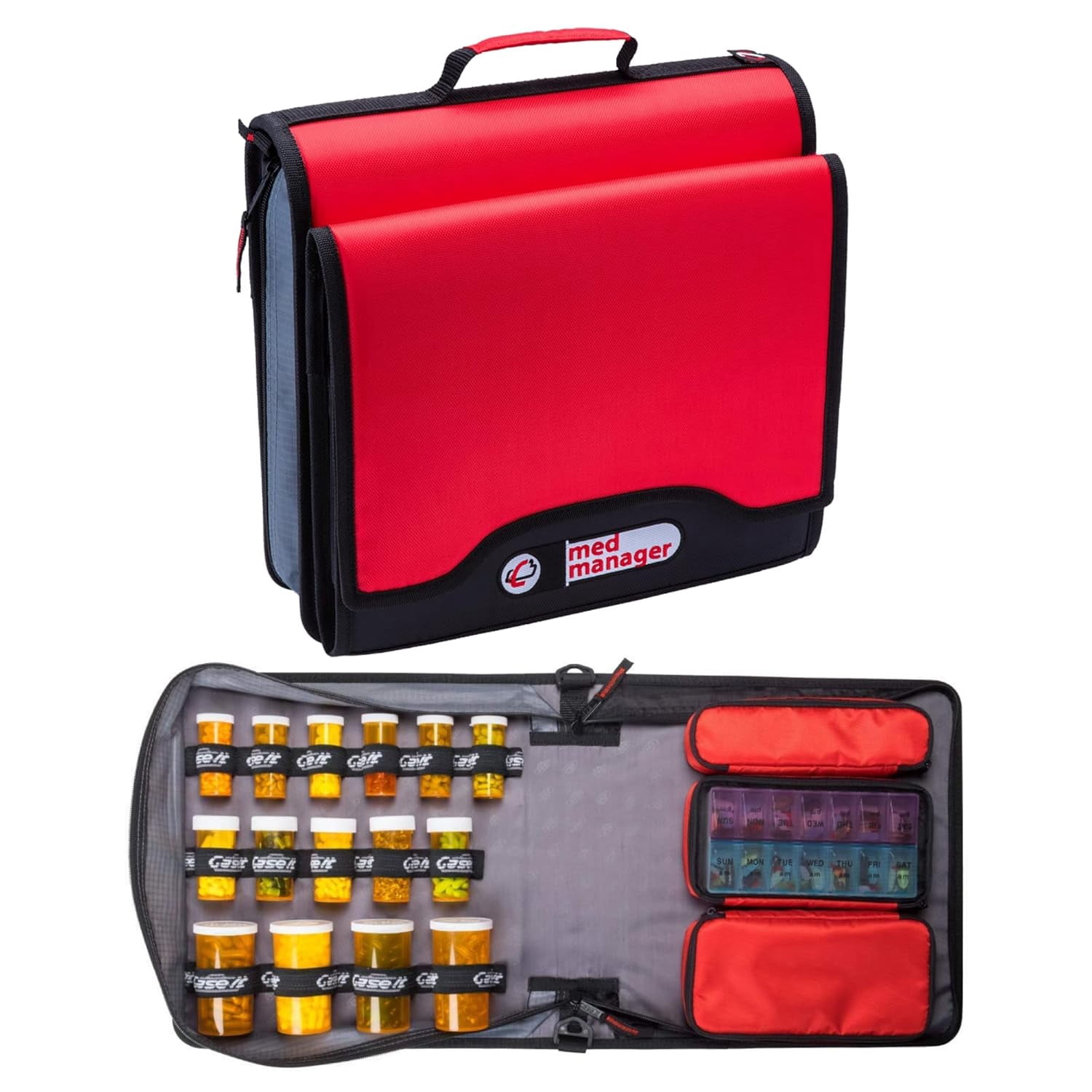 Med Manager Diabetic Supply Organizer with Insulin Cooler Travel Case, Holds (15) Pill Bottles - (11) Standard Size and (4) Large Bottles, Red, 13 inches x 13 inches x 4.5 inches