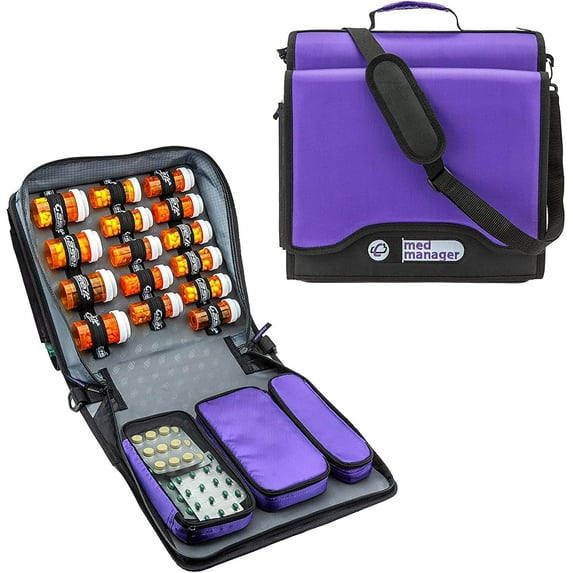 Med Manager Medium Diabetic Medicine Organizer and Portable Medical Binder, Insulated and Syringe Pouches, 6-Pocket 5-Tab Expanding File Folder, Holds 15 Pill Bottles, Purple, 13 x 13 x 4.5 inches