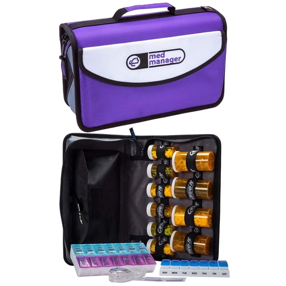 Med Manager by Case-It, Portable Pill Organizer Case, Travel Medication Bag, Holds Various Sized Pill Bottles, Great for Home Or Travel (Travel, Purple)