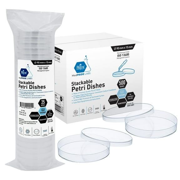 Med Pride 90mm x 15mm Stackable Petri Dish with Lids, 25 count Sterile Clear Polystyrene Lab Plates