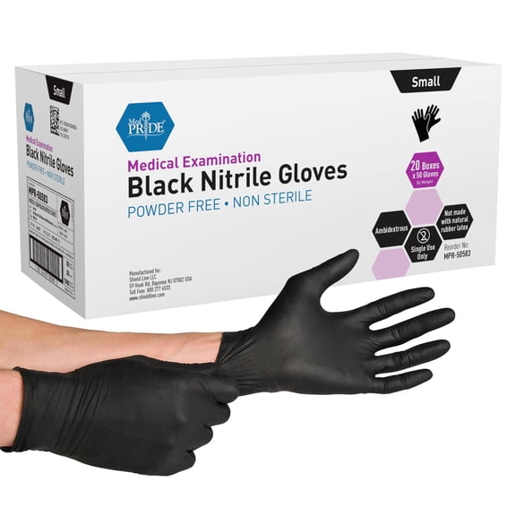 Med Pride Black Nitrile Disposable Gloves 4 Mil Thick, 1000 Count Nitrile Gloves Latex-Free, Powder-Free & Non-Sterile, Small