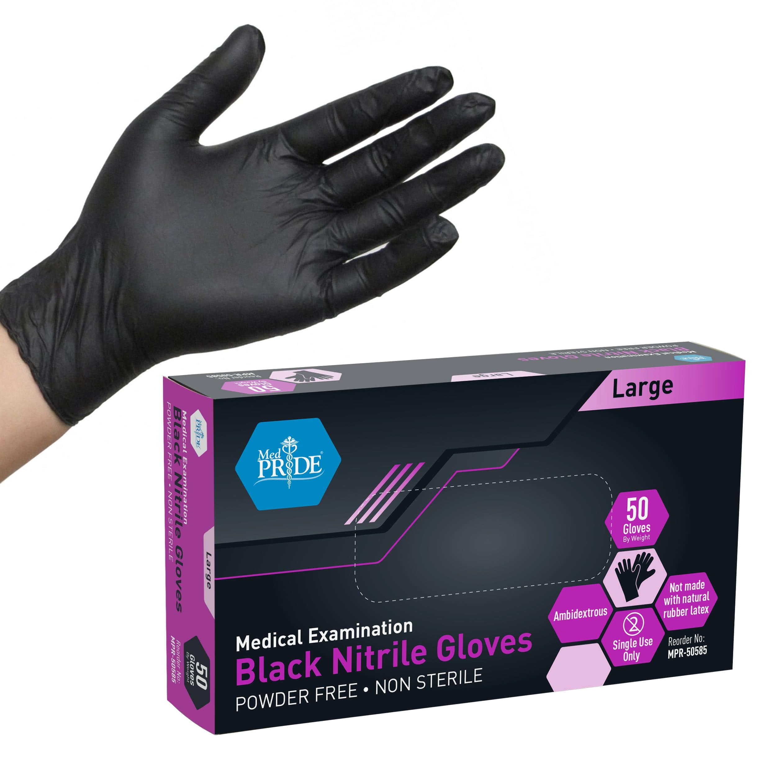 Med Pride Black Nitrile Disposable Gloves 4 Mil Thick, 50 Count