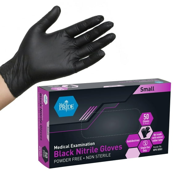 Med Pride Black Nitrile Disposable Gloves 4 Mil Thick, 50 Count Nitrile Gloves Latex-Free, Powder-Free & Non-Sterile, Small