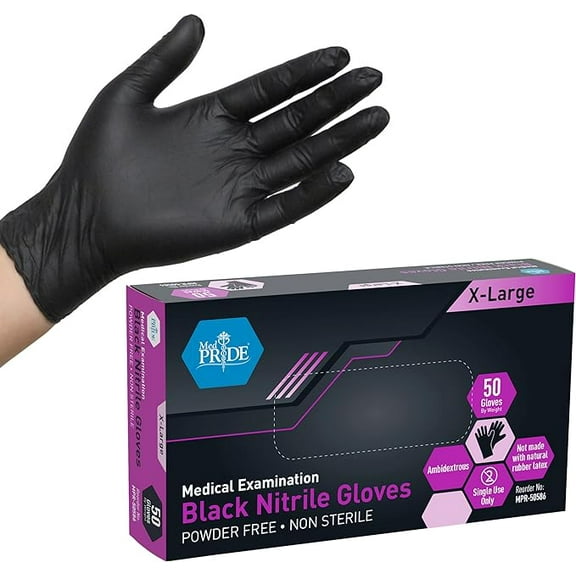 Med Pride Black Nitrile Disposable Gloves 4 Mil Thick, 50 Count Nitrile Gloves Latex-Free, Powder-Free & Non-Sterile, X-Large
