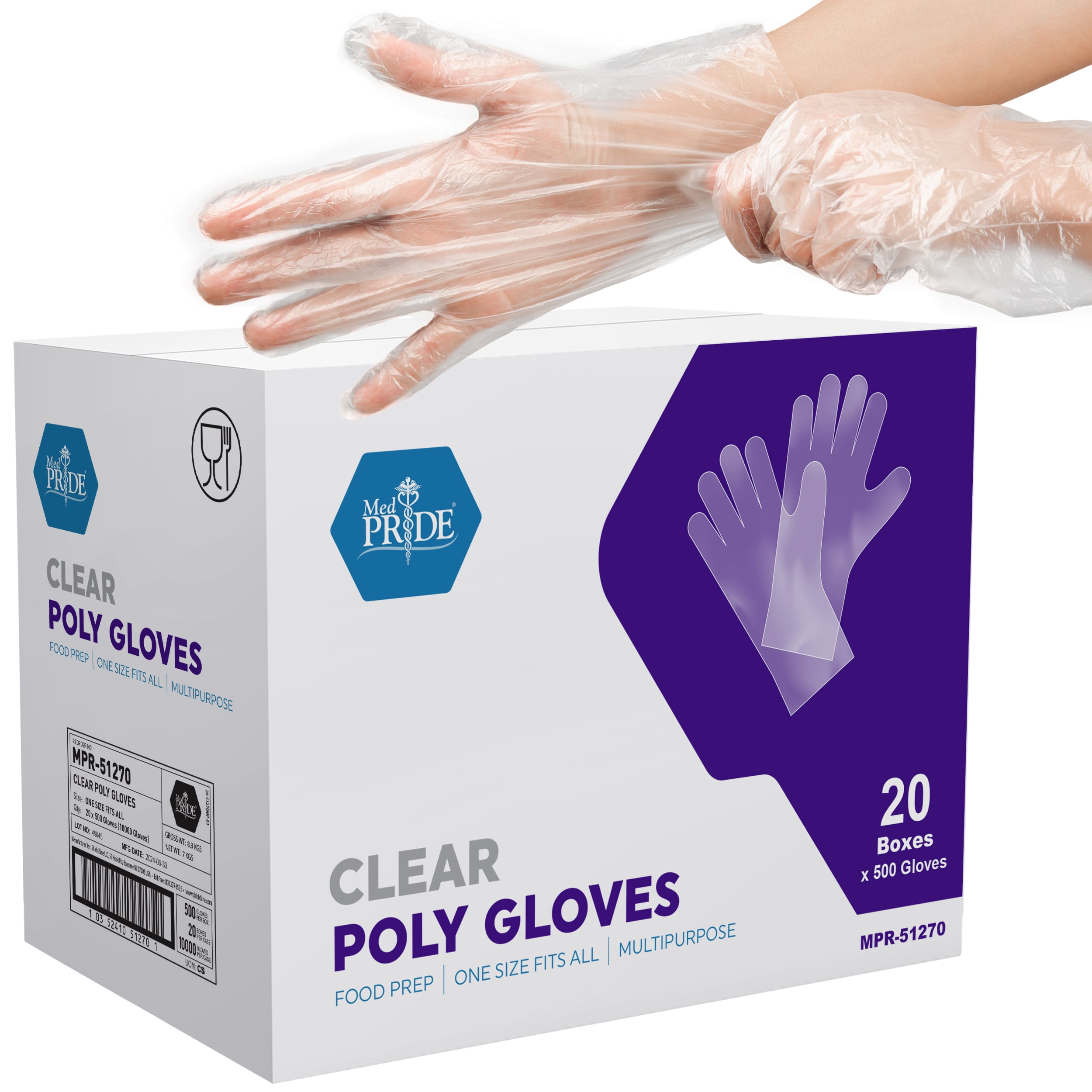 Med Pride Disposable Gloves Clear Poly, Case of 10,000 Gloves, Latex-Free Plastic Gloves for Food Prep Kitchen Cooking Cleaning Use