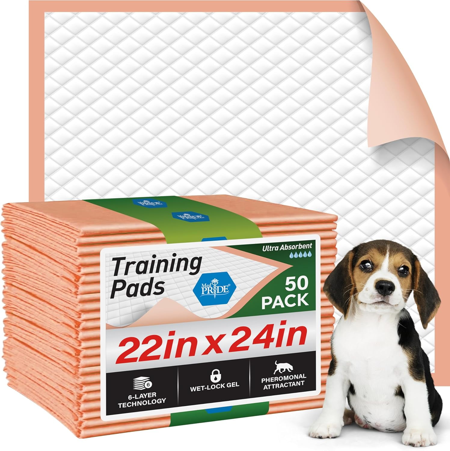 Med Pride Dog Pads 22x24 inch, 100 count Puppy Training Pads with Attractant, Leakproof Pee Pads for Dogs