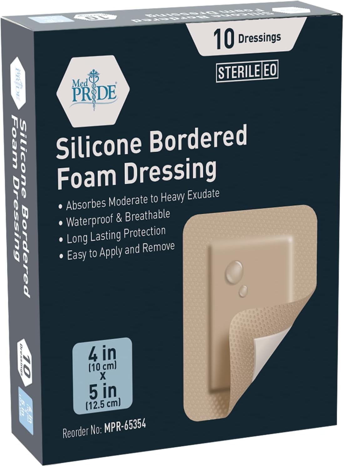 Med Pride Silicone Bordered Foam Bandages for Wounds 4x5 Inch, 10 pack Adhesive Sterile Silicone Foam Dressing