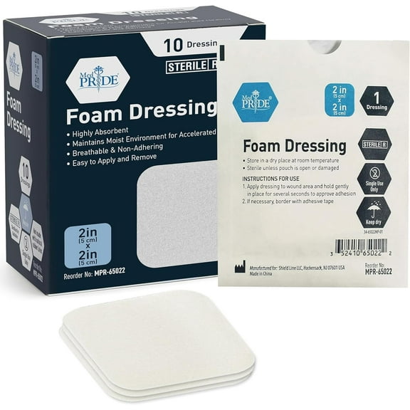 Med Pride Sterile Non Adhesive Foam Bandages for Wounds 2x2 Inch, 10 pack Waterproof Soft Foam Dressing