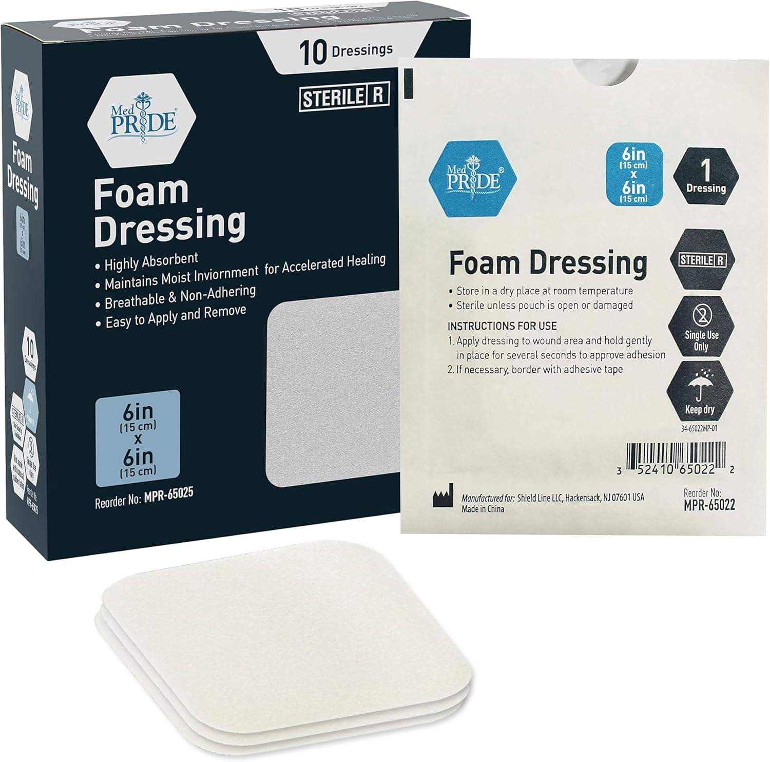Med Pride Sterile Non Adhesive Foam Bandages for Wounds 6x6 Inch, 10 pack Waterproof Soft Foam Dressing