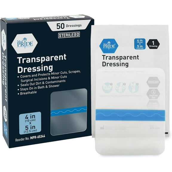 Med Pride Transparent Dressing Waterproof Bandages, 4x5 in, 50 pack – Adhesive Sterile Film for Healing