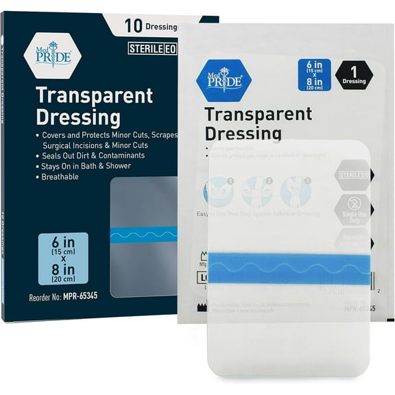Med Pride Transparent Dressing Waterproof Bandages, 6x8 in, 10 pack – Adhesive Sterile Film for Healing