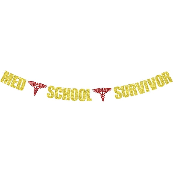 Med School Survivor Banner, 2025 Doctor Graduation Decorations, Congrats Future Doctor/Nurse Banner, Medical School Graduation Party Decoration Gold & Red Glitter