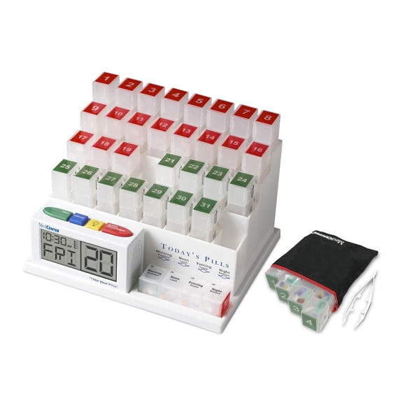 MedCenter 31-Day HSA/FSA Monthly Pill Organizer System with Talking Reminder Clock, Travel Pouch & Tweezers 4 Daily Dose Compartments Ideal Medication Organizer for Seniors & Low Vision Users