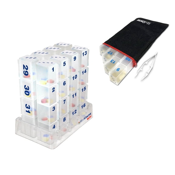 MEDCENTER Monthly Pill Organizer 31-Day Pill System with Daily Numbered Boxes, Travel Canvas Pouch & Bonus Tweezers Organized & Simple Medication