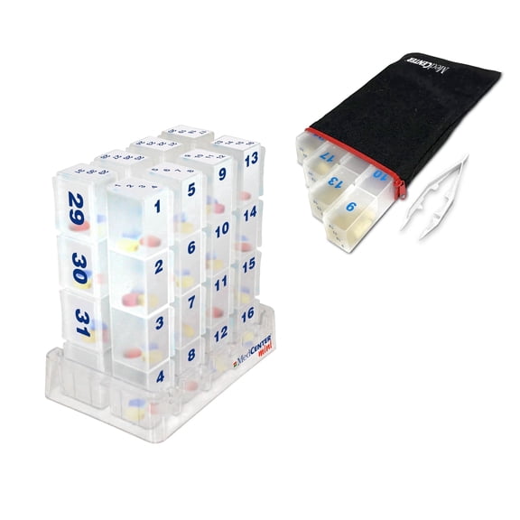 MEDCENTER Monthly Pill Organizer  31-Day Pill System with Daily Numbered Boxes, Travel Canvas Pouch & Bonus Tweezers  Organized & Simple Medication