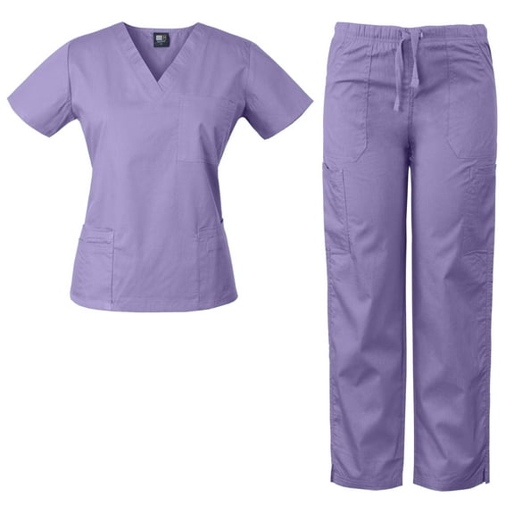 MedGear Womens Scrubs Set Medical Uniform, 4 Pocket Top & Multi-pocket Pants, lilac, 3x-large