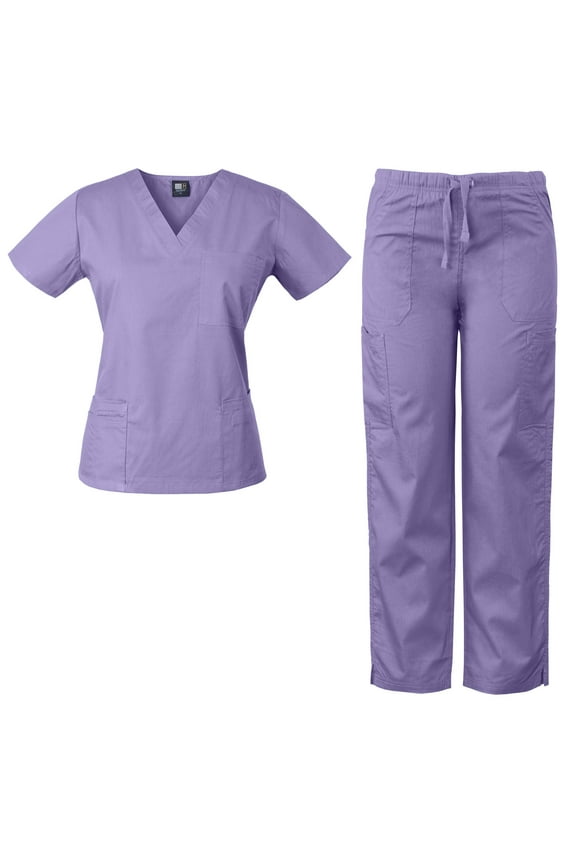Womens Scrubs Set Medical Uniform, 4 Pocket Top & Multi-pocket Pants, lilac, 3x-large