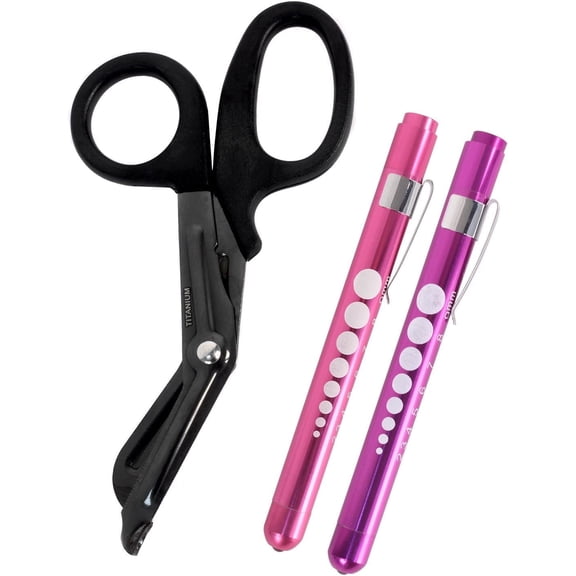 MedITAC Titanium Bonded Bandage Shears, 7.25-Inch, Bent Black Scissors with LED Pen Light, 2-Pack (Pink & Purple)