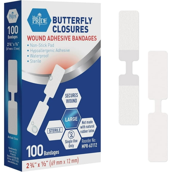 MEDPRIDE Butterfly Bandages 100-Pack – Sterile Hypoallergenic Butterfly Closures for Large Wound Care, 0.5" x 2.75" Latex-Free Butterfly Bandaids for Skin Healing