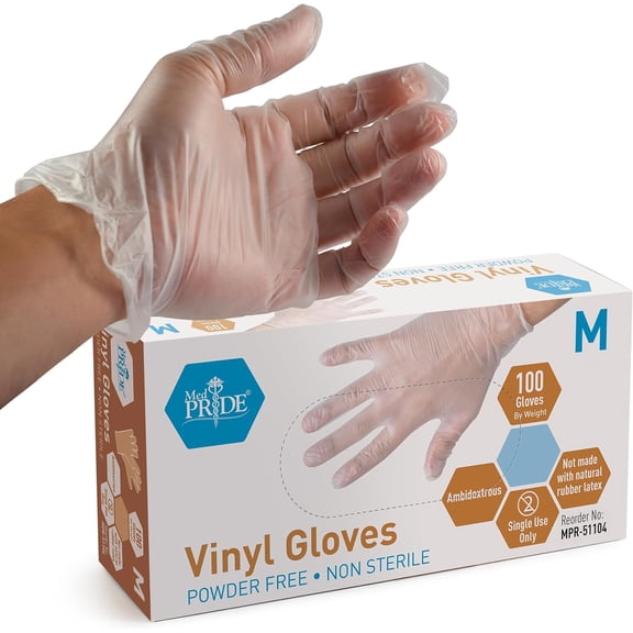 MedPride General Purpose Powder-Free Vinyl Gloves, Medium, Box/100