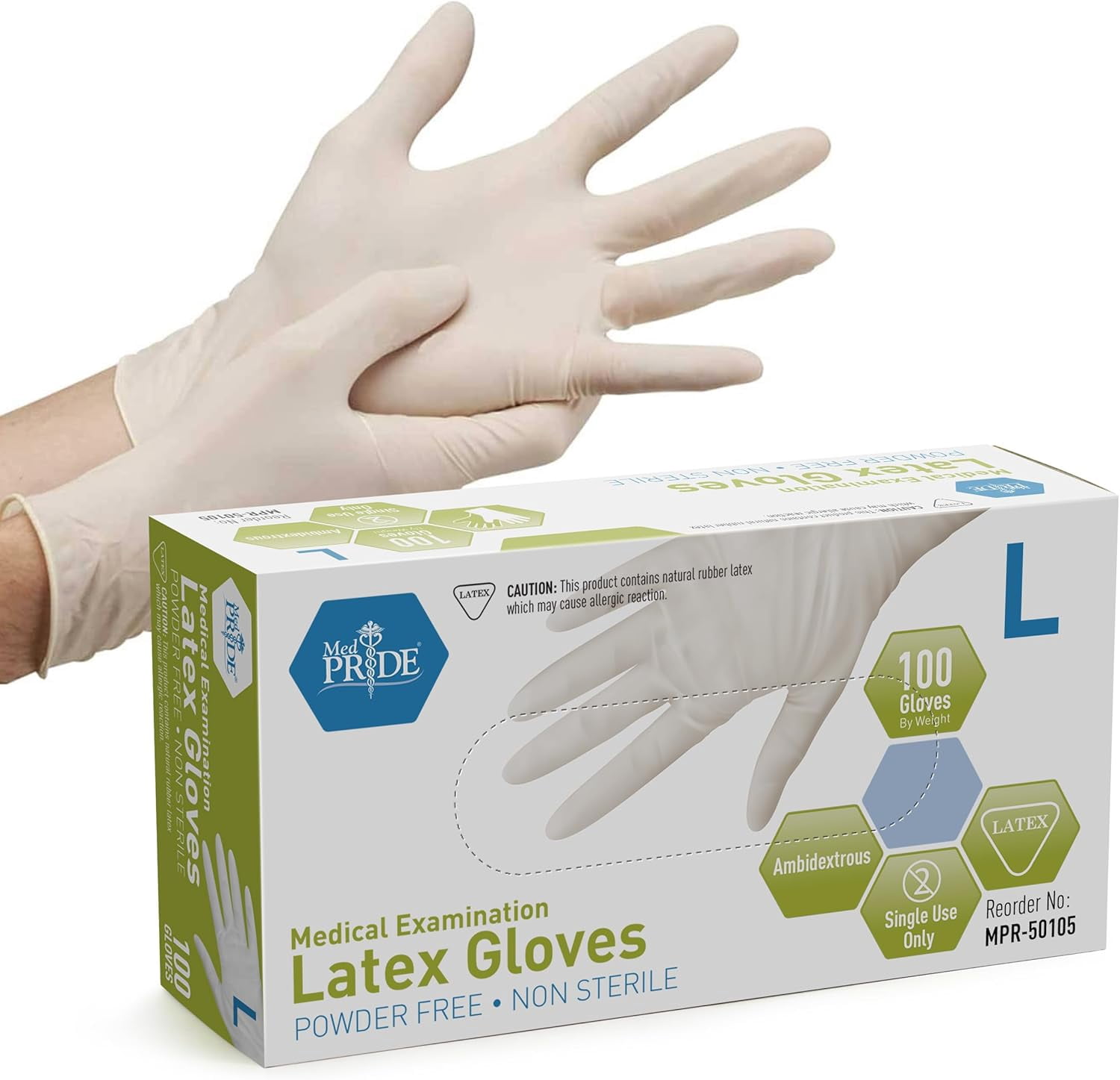 Med Pride Disposable Latex Gloves, 5 Mil Thick 100 Count White Exam Gloves, Medical Grade, Powder-Free, Large