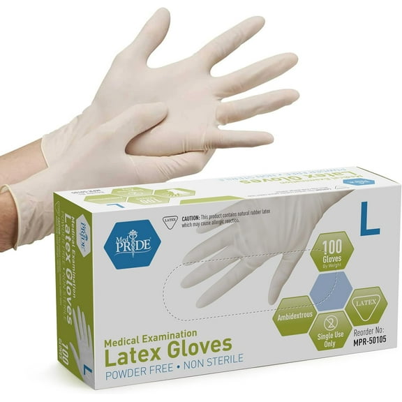 Med Pride Disposable Latex Gloves, 5 Mil Thick 100 Count White Exam Gloves, Medical Grade, Powder-Free, Large