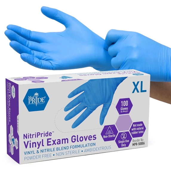 MED PRIDE Nitrile Vinyl Gloves – Non Latex Gloves, Powder-Free, Rubber-Free Disposable Medical Gloves for Cleaning, Cooking & Exams, X-Large, 100-Pack