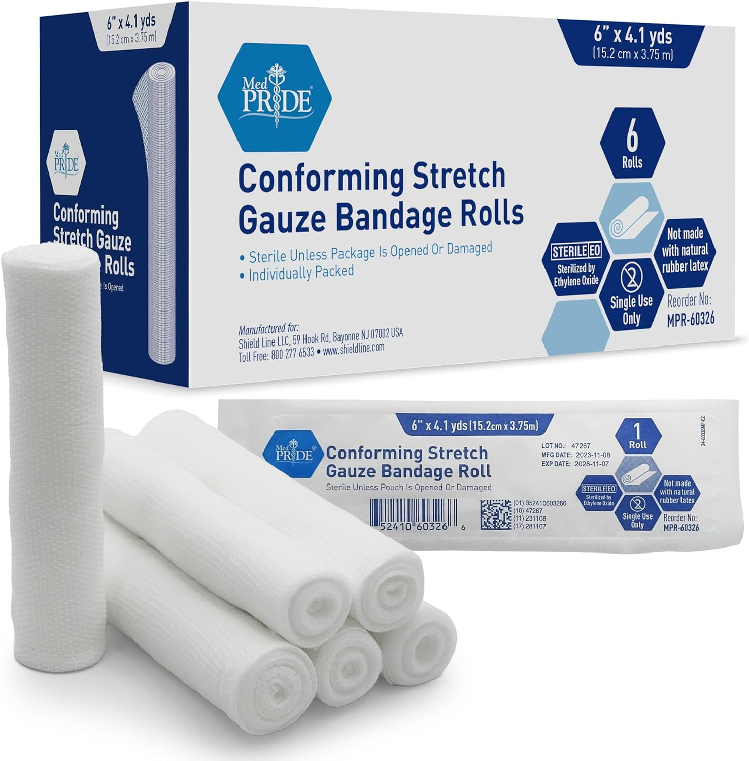 Med Pride Sterile Gauze Roll 6x147.6 Inch, 6 pack Latex-Free Bandage Wrap for Wound Care and First Aid Supplies