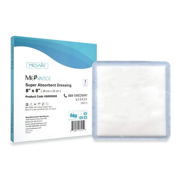 MedVance Super Absorbent Dressing, Non-Adhesive Pads for Wound Care, for Pressure Ulcers & 1st/2nd Degree Burns, Superior Moisture Absorption, Box of 5 dressings 8"x8" Bandage