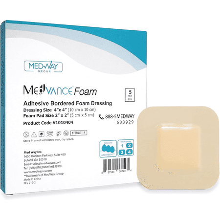 MedVance Hydrophilic Wound Dressing, Adhesive Foam Dressing, 4"x4", PHMB, 5 Pack