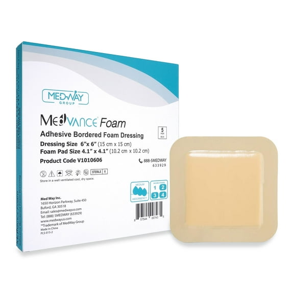 MedVance TM Foam - Bordered Adhesive Hydrophilic Foam Dressinge 6"x6" (4.1"x4.1" Pad) Box of 5 dressings