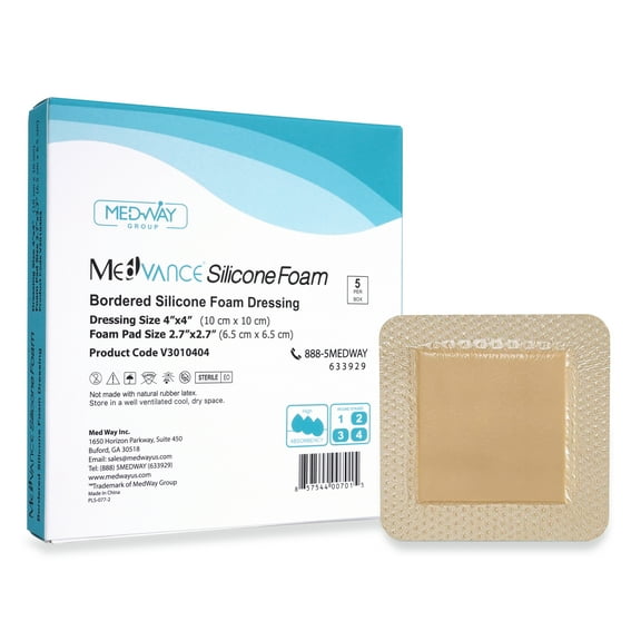 MedVance TM Silicone - Bordered Silicone Adhesive Foam Dressing Size 4"x4" (2.7"x2.7" pad), Box of 5 dressings