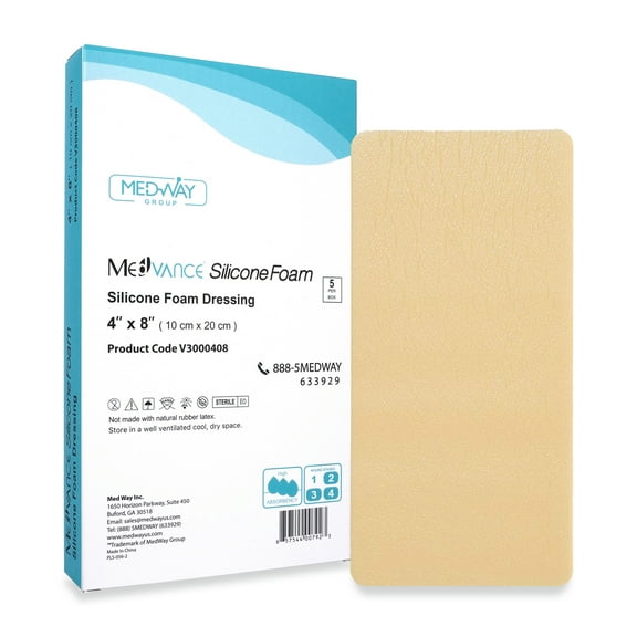 MedVance TM Silicone - Silicone Adhesive Foam Absorbent Dressing, 4"x8", Box of 5 dressings