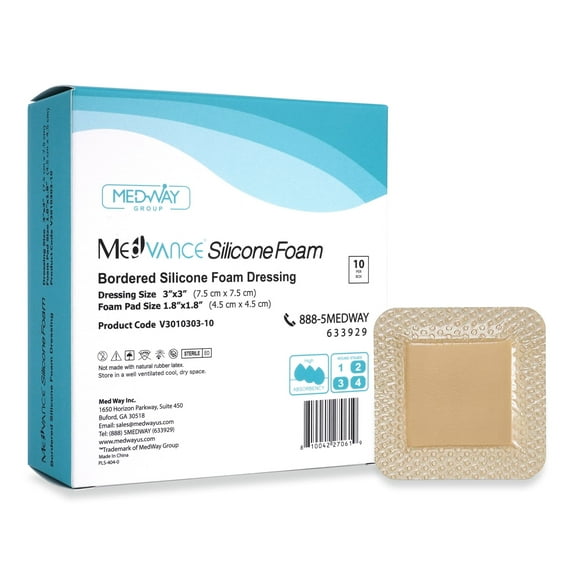 MedVanceTM Silicone - Bordered Silicone Adhesive Foam Dressing, Size 3"x3", (1.8"x1.8" pad), Box of 10
