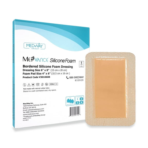 MedVanceTM Silicone - Bordered Silicone Adhesive Foam Dressing Size 6X8 4.4"x 6.4" Pad Box of 5 dressings