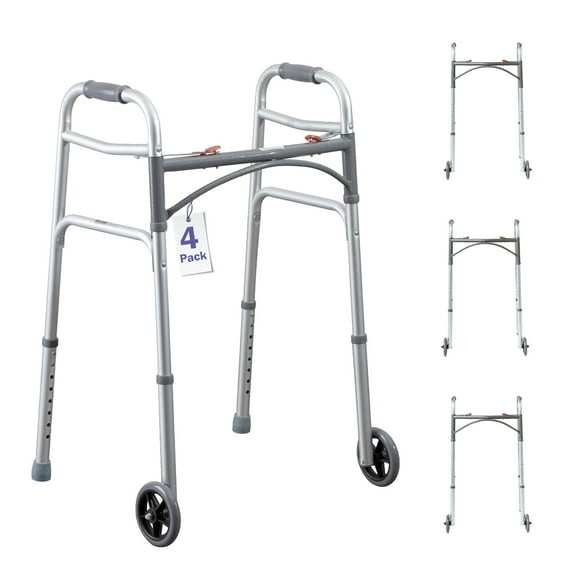 MedaCure Junior Two Button Folding Walker with Wheels - Case of 4 Silver Walkers for Seniors Lightweight, with Aluminum Frame and Adjustable Height - 350 lbs Weight Capacity - Nursing Home Supplies -