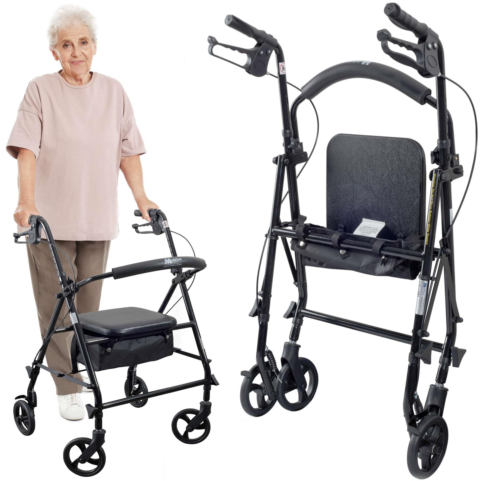 MedaCure Steel Rollator Walker with Seat Black Height Adjustable