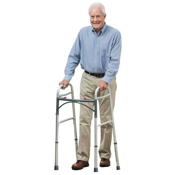 MedaCure Two Button Folding Walker - Case of 4 Silver Adult Walkers for Seniors Lightweight, Aluminum Frame and Adjustable Height - 350 lbs Weight Capacity - Nursing Home Supplies, Bulk Walkers