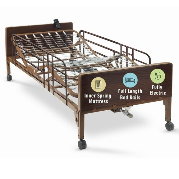 Medacure Full Electric Hospital Bed with innerspring Mattress and Full Rails Included - for Home Care Use and Medical Facilities - Fully Adjustable, Easy Transport Casters, Remote - 80" x 36"