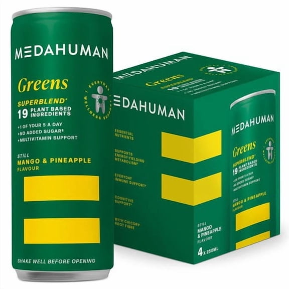 Medahuman Greens Superblend Mango & Pineapple 4 x 250ml, British Import (Pack of 2)