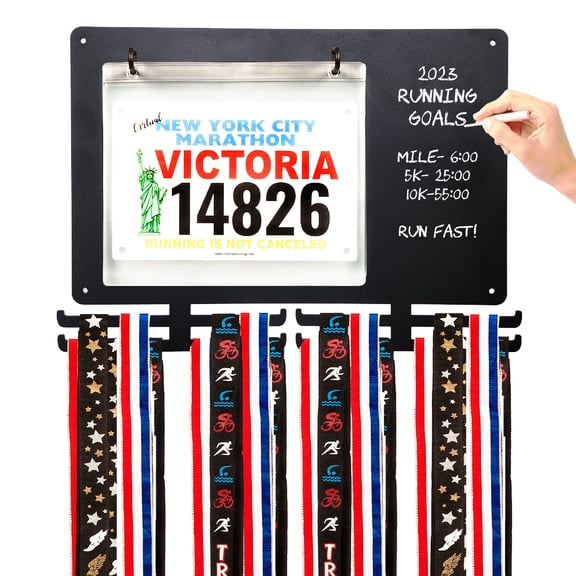 Medal Awards Rack Race Bib and Race Medal Hanger with Chalkboard, Display for Track, Marathons, Triathlons, Races, and More