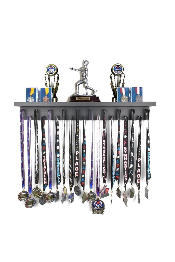 Trophy Shelf and Award Display Rack (24" Black) Medal Hanger with Shelf