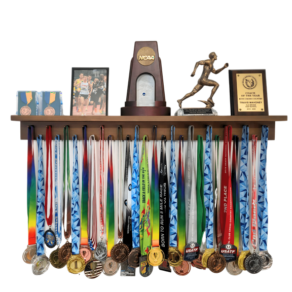 Medal Awards Rack Trophy Shelf and Award Display Rack (36" Walnut) Medal Hanger with Shelf