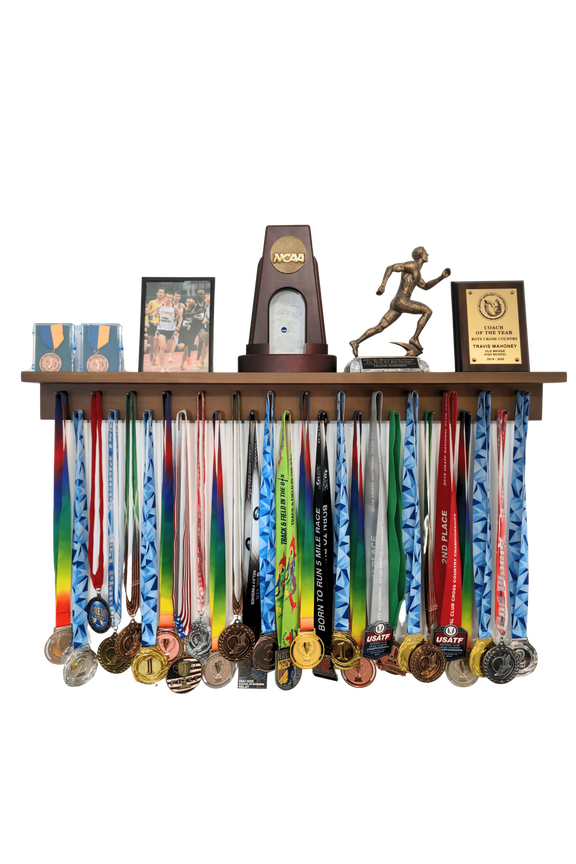 Trophy Shelf and Award Display Rack (36" Walnut) Medal Hanger with Shelf