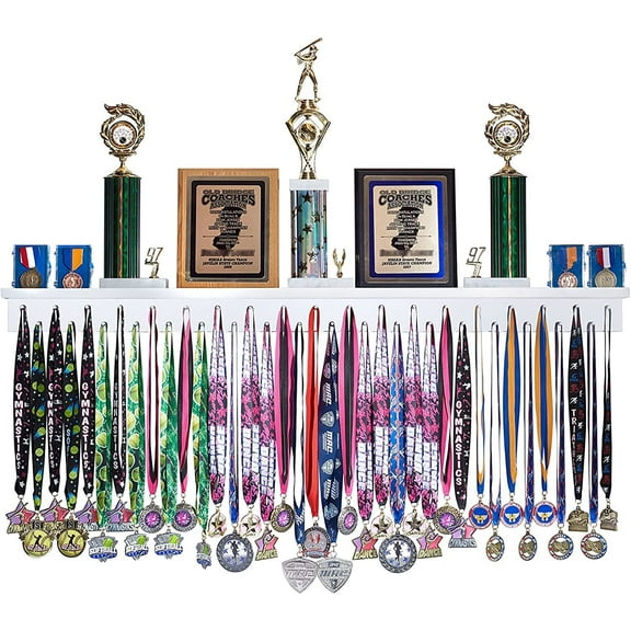 Medal Awards Rack Trophy Shelf and Award Display Rack (48" White) Medal Hanger with Shelf