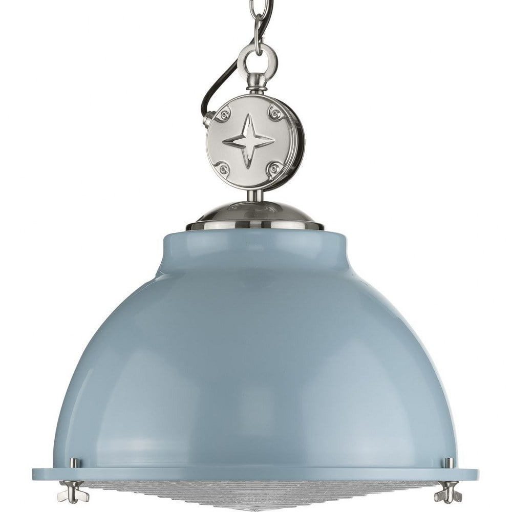 Coastal Blue and Nickel 17" Pendant Light with Glass Shade