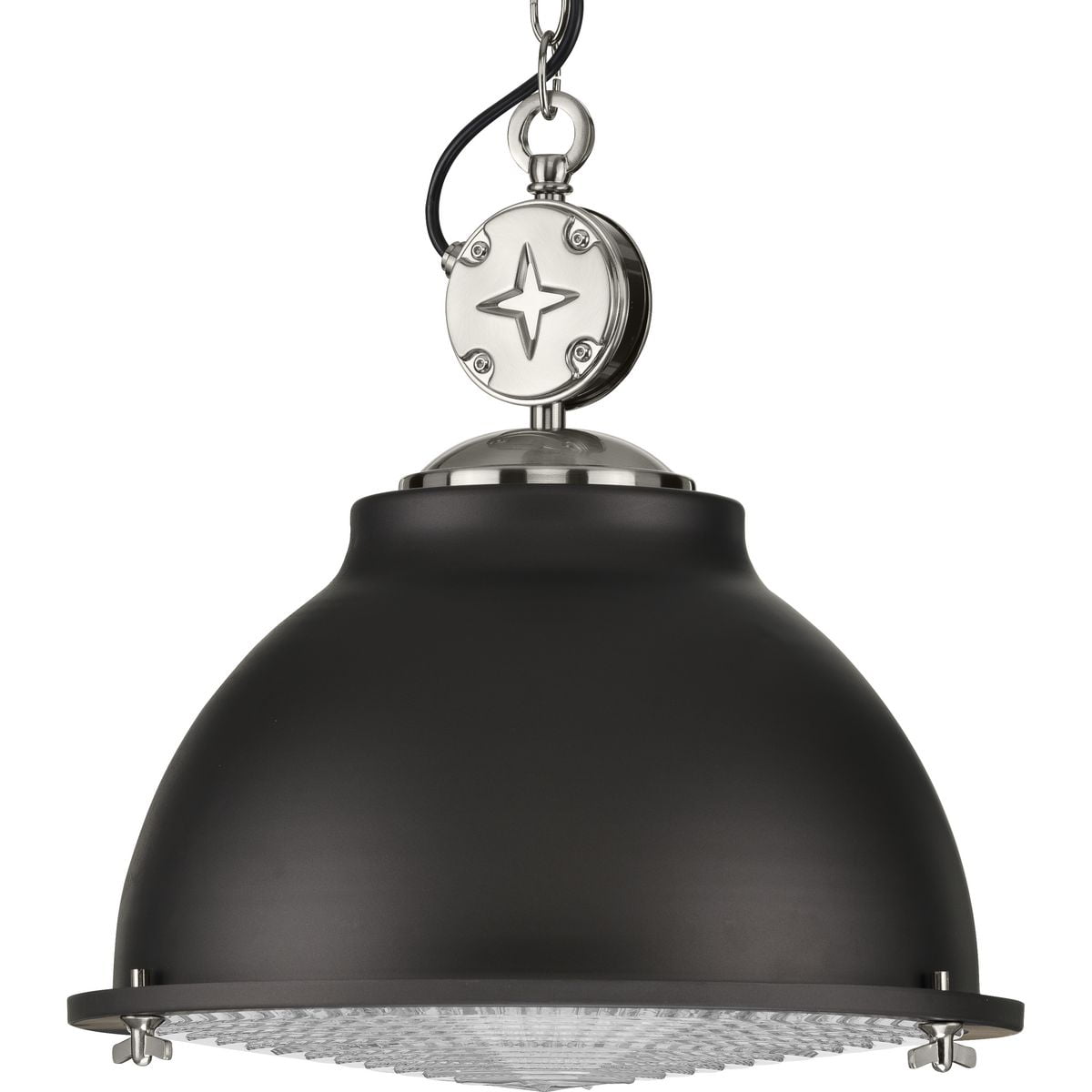 Graphite and Nickel Industrial Pendant Light with Prismatic Glass Shade