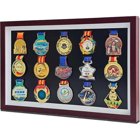 Medal Display Case, 15 Medals Case Shadow Box Frame 21.7 x 13.4 Inch Large 3D Display, Marathon and Frame, Swimming, Runners, All Sports Medal, Wall-Mounted, Mahogany