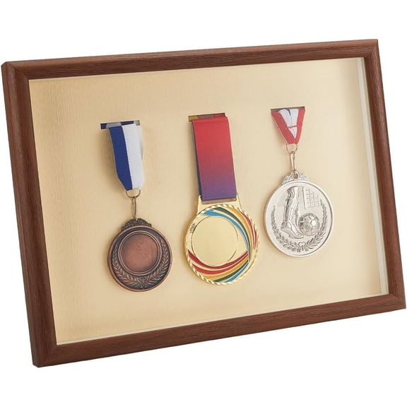 Medal Display Case Wood Medal Display Frame Medal Storage Box with Glass for Sport Runners Marathon Race Winner Soccer Football Gymnastics Coconut Brown Brown